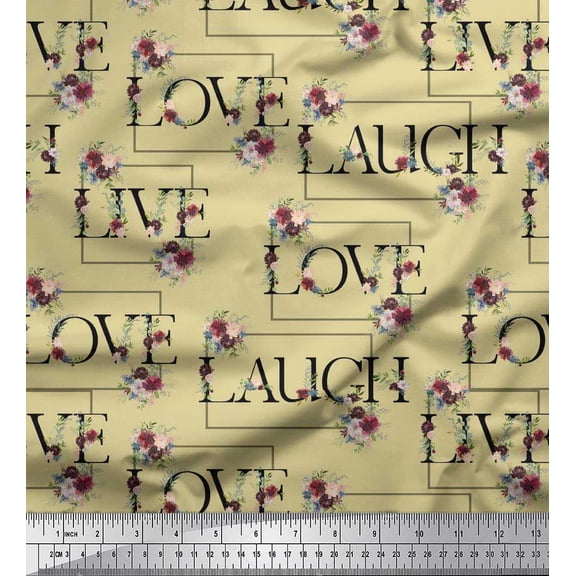Soimoi Velvet Fabric Floral Love Text Printed Fabric 1 Yard 58 Inch Wide