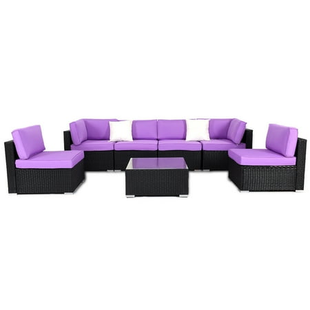 Costway 7 Pcs Rattan Wicker Patio Set Outdoor Sectional Sofa Furniture Purple Cushion