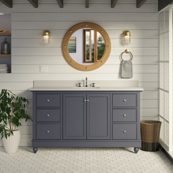KBC Bella 60" Solid Wood Single Bathroom Vanity w/ Quartz Stone in Marine Gray