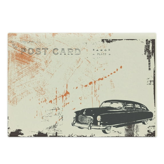 Vintage Car Cutting Board, Art with Classic Old Fashioned Car on the Street Vintage Postcard Style Design, Decorative Tempered Glass Cutting and Serving Board, Large Size, Beige Black, by Ambesonne