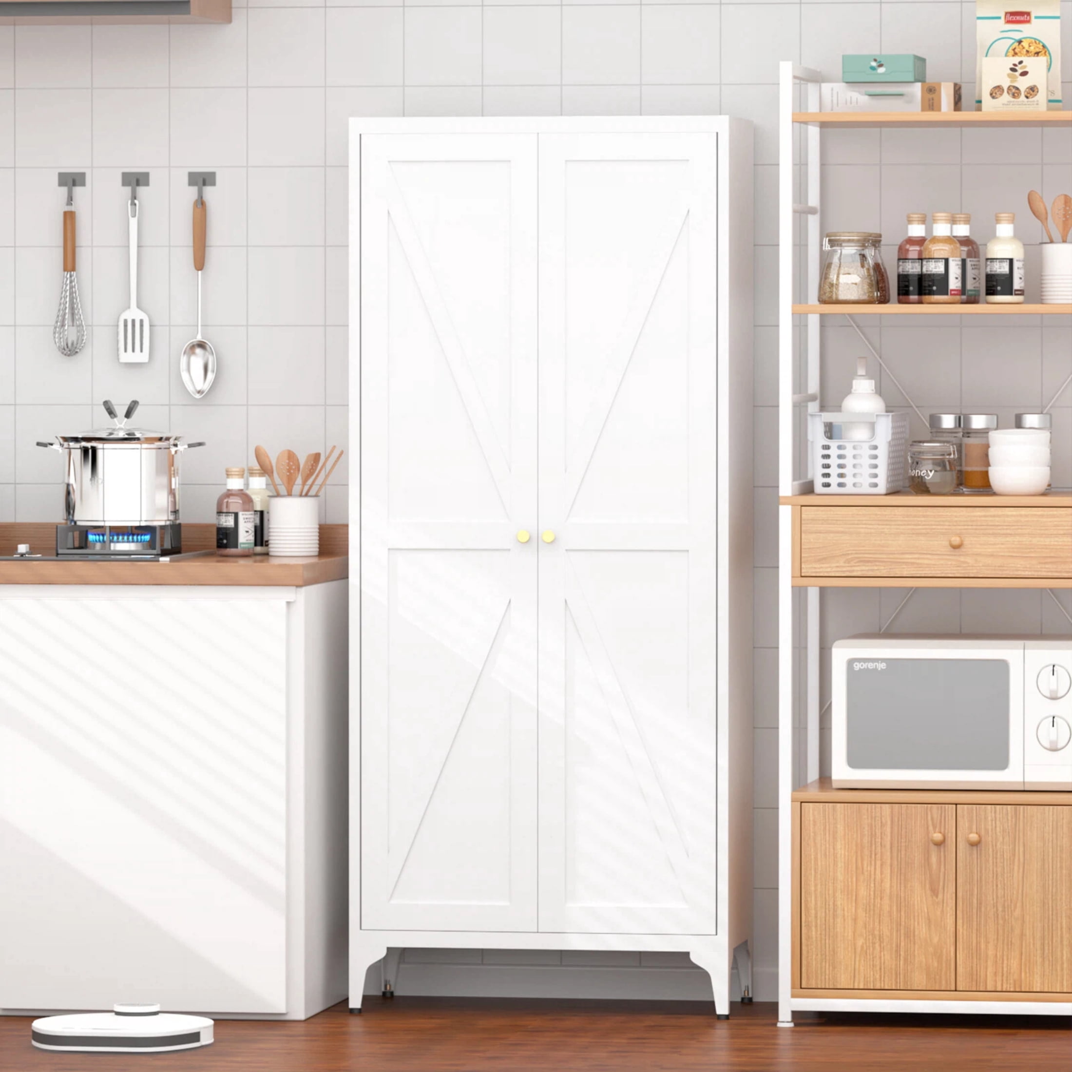AISWORD 61 Inch Metal Kitchen Pantry Cabinet, Freestanding Storage Cupboard with 3 Adjustable Shelves, 4-Tier Tall Storage Cabinet for Kitchen Bathroom Laundry Garage, White