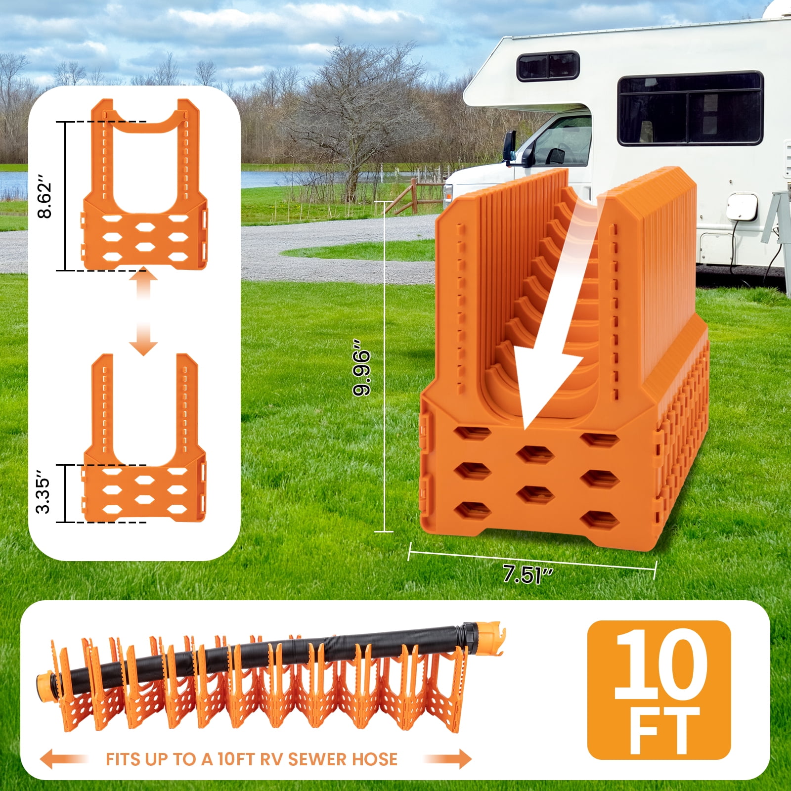 RV Sewer Hose Support, 10FT Adjustable RV Hose Support Holder Camper Sewer Hose Support for Fast & Secure Dumping with carrying Strap, Orange