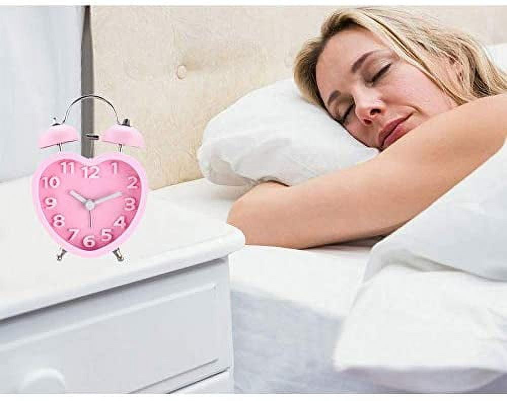 MetalM - Students Seniors 3in Twin Bell Loud Alarm Clock Silent Analog Quartz Nightlight Clock Battery Operated for Heavy Sleepers Heart Shape Pink