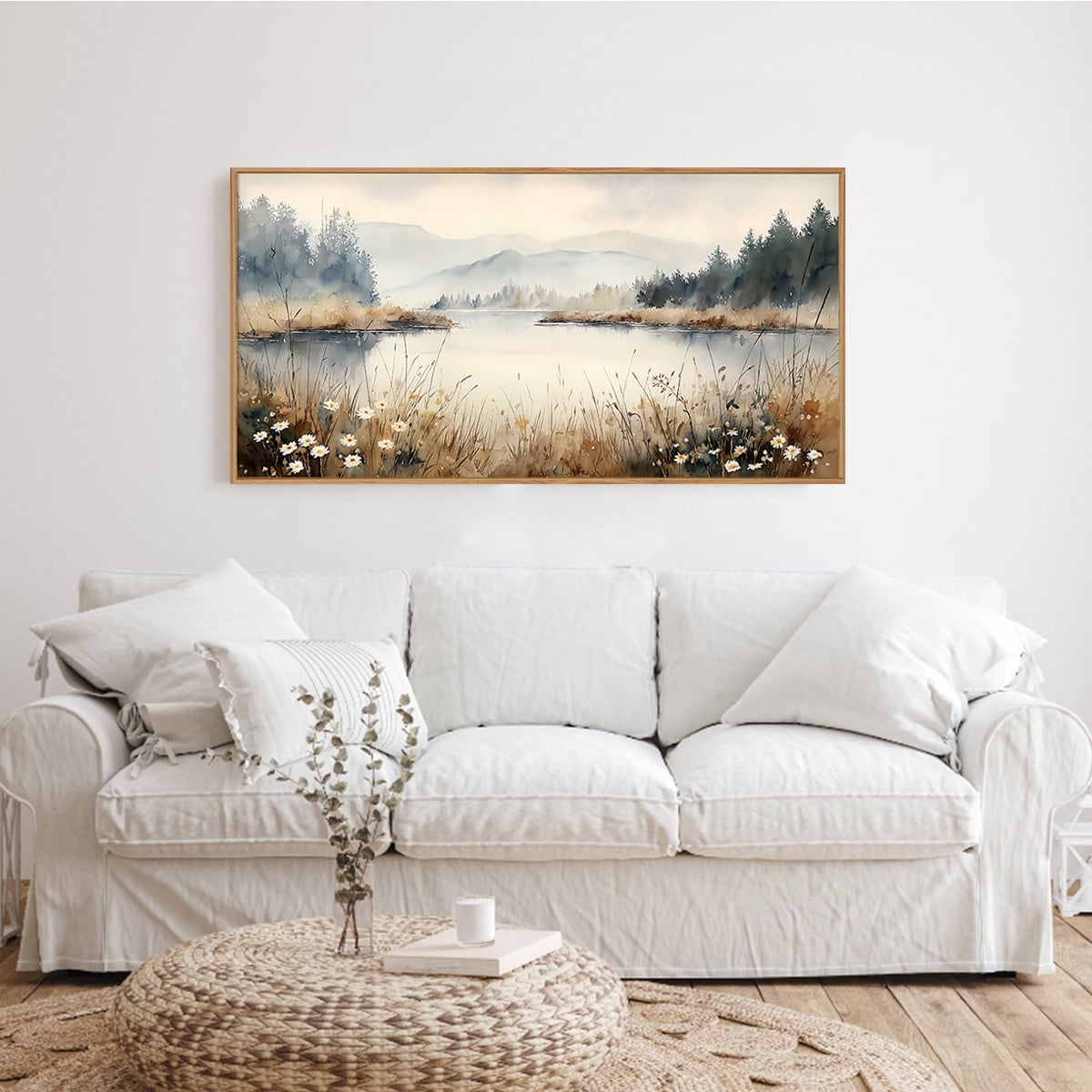 Nature Landscape Wall Art Wilderness Wall Decor Framed Forest Canvas Artwork Misty Mountain Lake Scenery Wall Painting for Living Room Farmhouse Bedroom 20X40 In