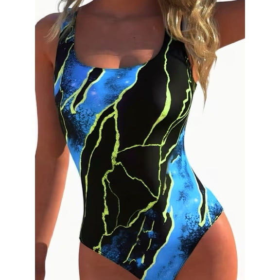 Kaperf Women's One Piece Swimsuit, Tummy Control Slimming Bathing Suit, Scoop Neck Printed Swimwear, Full Coverage Stretch Monokini for Beach, Pool, Vacation