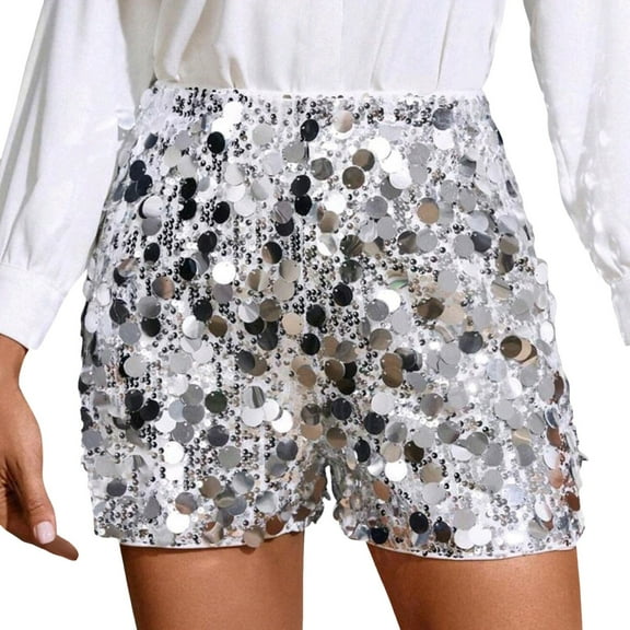 xingwang Clearance Plus Size Shorts for Women High Waisted,Glitter Sequin Shorts Banquet Glitter Pants. Silver XL