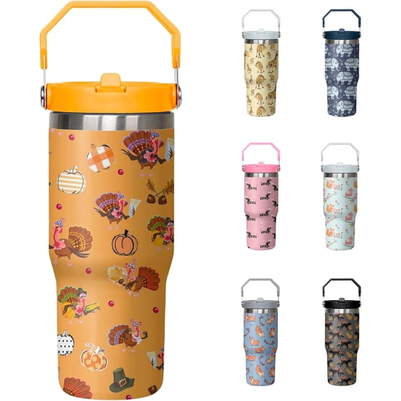 30oz Fall Tumbler with Handle and straw, Thanksgiving Turkey Pumpkin Turkey Maple Leaves Stainless Steel Insulated Cup, Autumn Coffee Mug Water Bottle
