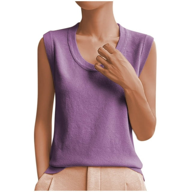 Plebaso Ribbed Tank Tops for Women Crew Neck Sleeveless Knit Shirts Solid Color Loose Summer Casual Tops
