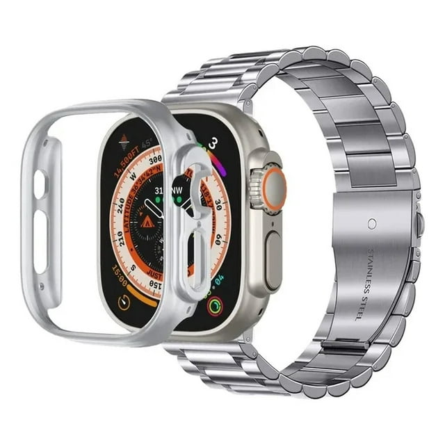 Correa Para Apple Watch, Eslabones de Acero Inoxidable con Case de Vidrio, Compatible con Todas las Series