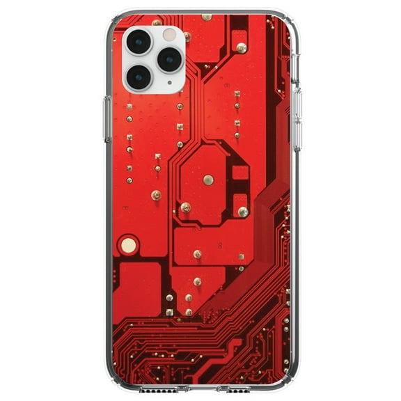 DistinctInk Clear Shockproof Hybrid Case for iPhone 12 / 12 PRO (6.1" Screen) - TPU Bumper, Acrylic Back, Tempered Glass Screen Protector - Red Circuit Board Image - Printed Circuit Board Image