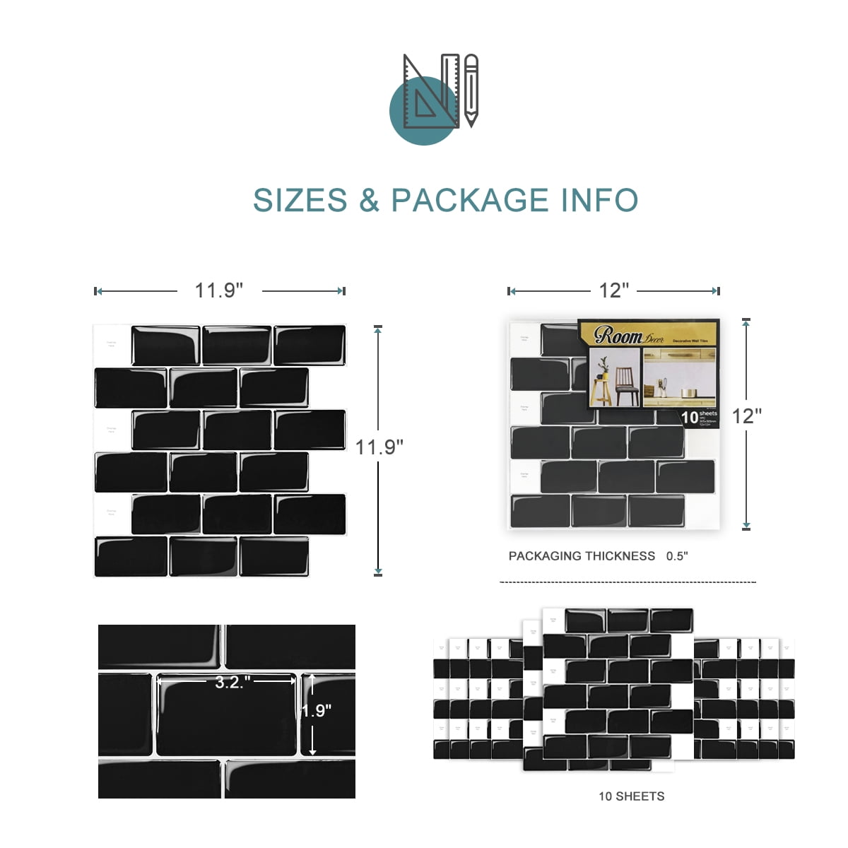 Art3d Peel and Stick Backsplash Tile Black Self Adhesive Removable Sticker Kitchen Bathroom 3D Wall Sticker Subway Tiles (10-Pack)