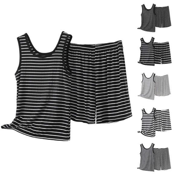 DDAPJ pyju Womens Striped Pajama Sets Sleeveless Tank Top and Shorts Sleepwear Soft Modal Nightwear Summer Pajamas Dark Gray M