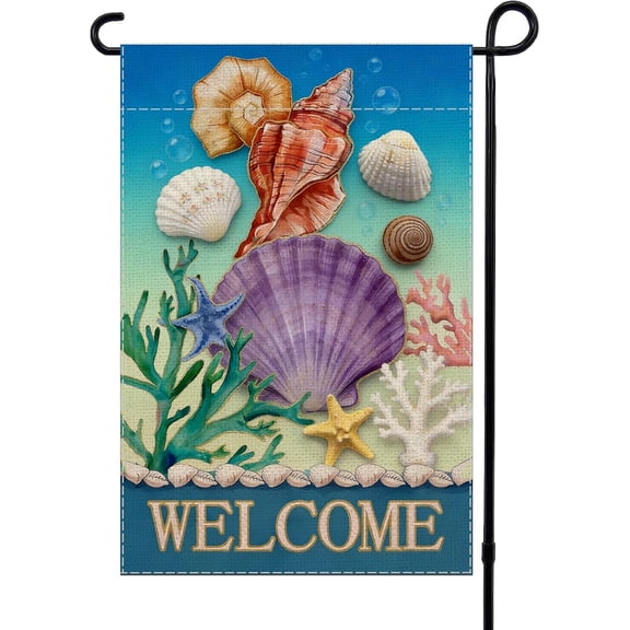 Double Sided Beach Seashell Welcome Garden Flag, Colorful Starfish Outdoor Decor for Porch, Yard, Patio, Summer Beach Home Decorations