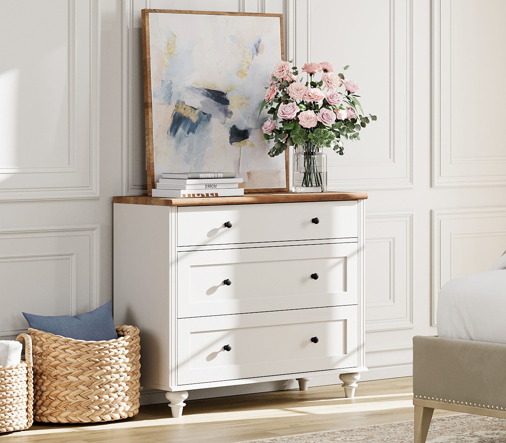 34" Dresser Cabinet with 3 Drawers, Mid-Century Modern Wooden Bedroom Closet Storage Organizer, Farmhouse Small Dressers Suitable for Living Room, Nursery, and Hallway, White