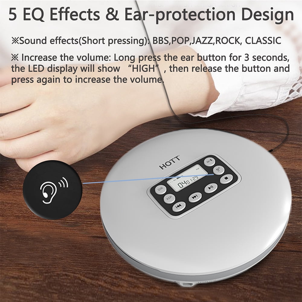 MEGICOT Portable Bluetooth 5.0 CD Player with LED Display, Rechargeable, Anti-Skip Protection, Anti-Shock, Headphone Jack Personal CD Music Disc Player (Silver)