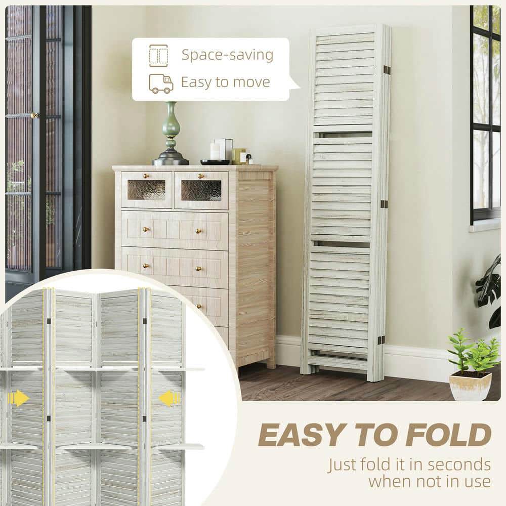 Spaco 5 Panel 67" Tall Wood Privacy Screen, Room Divider with 3 Shelves and Folding Storage for Indoor as Living Room, Entryway, White