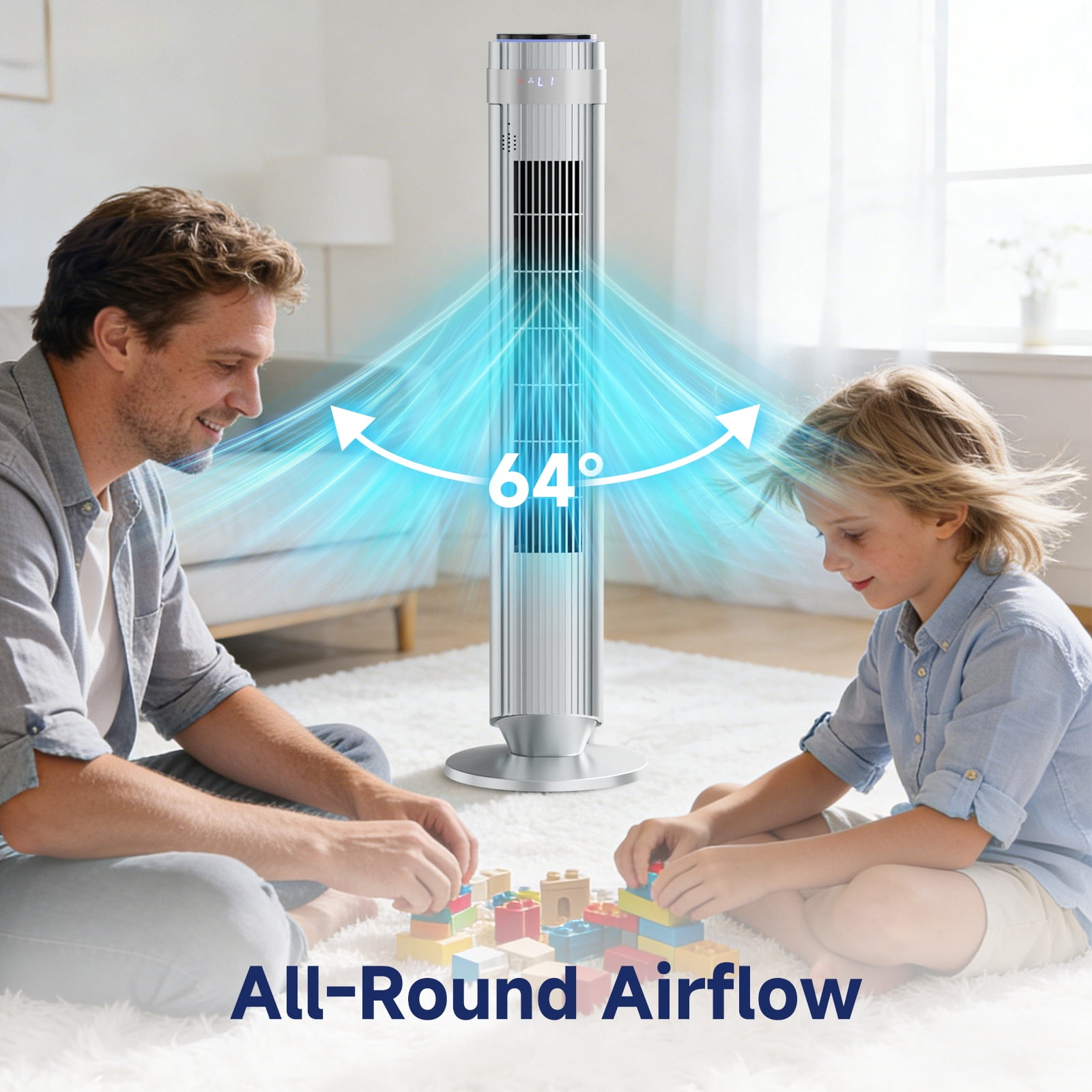 JIOABL Bladeless Tower Fan: 5 Speed Settings, 4 Modes, 25Ft/s Breeze, & Customizable Timer for Peaceful Sleep & Optimal Airflow, Silver