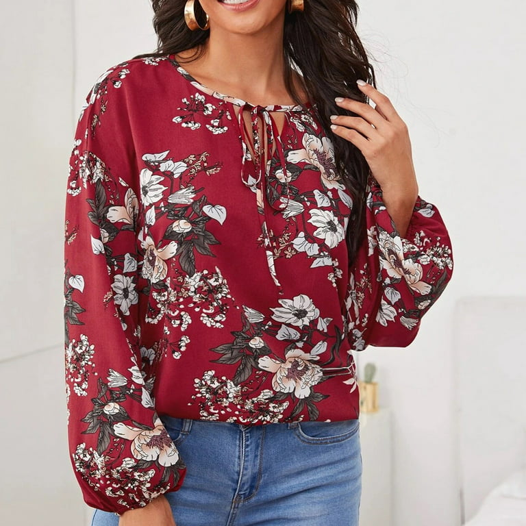 Long Sleeve Shirts Dressy Plus Size Tops for Women Tunic Tops to Wear with  Leggings Comfy Flowy Hide Belly Long Shirt Round Neck Floral Graphic Wine  XL 