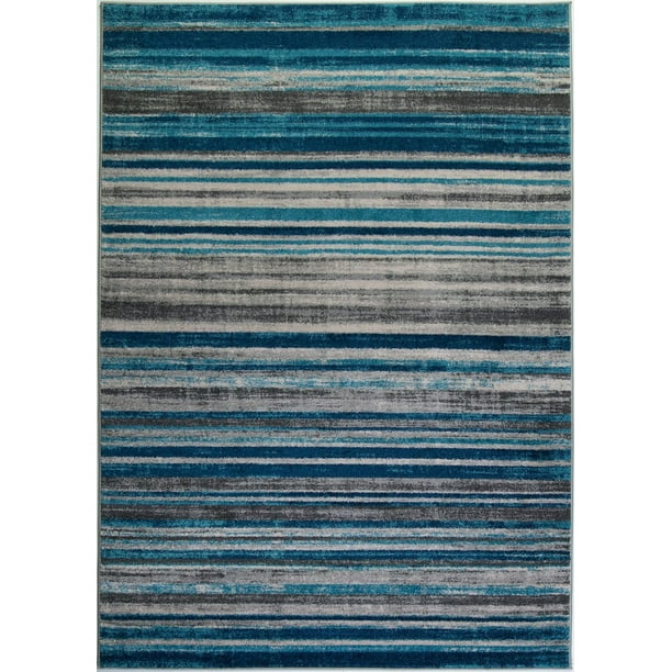 Tapis de tapis à Motif Abstrait Kensington Rayé en Ivoire Bleu, 3x10 (2'7" x 9'10", 80cm x 300cm)