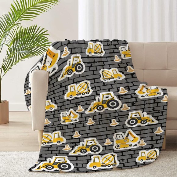 Camions Construction Bulldozer Voiture Dessin Animé Flanelle Couvertures Légères Couette Polaire Douce Couverture pour Canapé et Lit 80"x60 Pouces pour Adulte