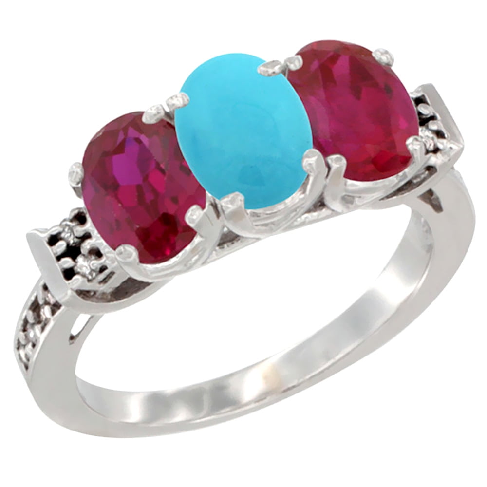 10K White Gold Natural Turquoise & Enhanced Ruby Sides Ring 3-Stone Oval 7x5 mm Diamond Accent, sizes 5 10 by WorldJewels