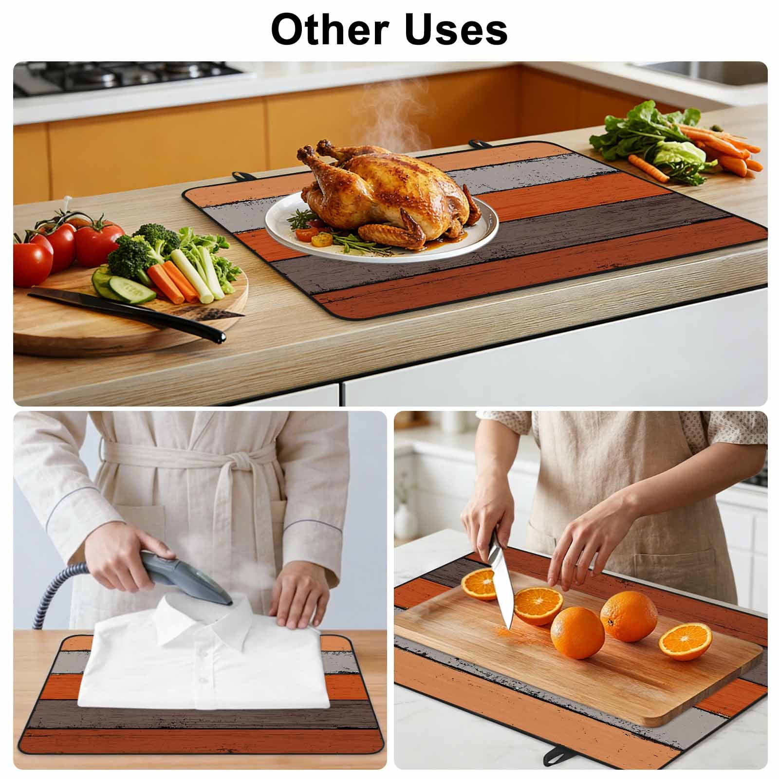 Orange Wooden Stove Top Cover for Electric Stove, Heat-proof & Non Slip Glass Top Stove Cover Protector, Grey Stripe Gradient Country Rustic Grain Kitchen Flat Cooktop Rubber Mat 28.5x20.5 Inches