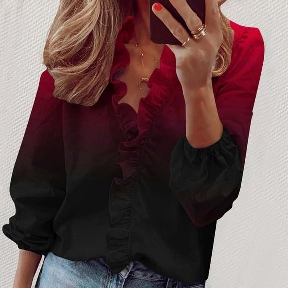 AOOCHASLIY Women's Blouse Women Casual Full Sleeve V-Neck Loose Plus Size Gradient Tops