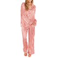 thumbnail image 3 of DuoJiaJ Women 2 Piece Pajamas Set Striped Printed Long Sleeve Button Down Shirt And Pants Sleepwear Silk Pajamas For Women Red, 3 of 5