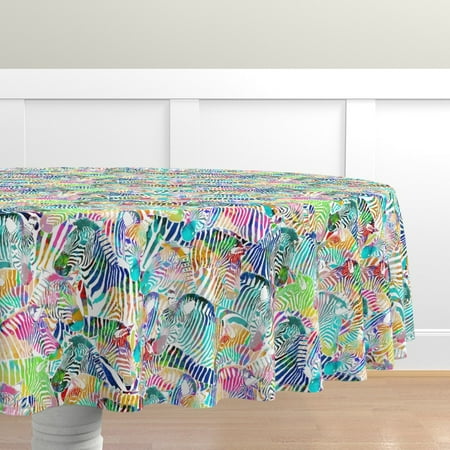 

Cotton Sateen Tablecloth 70 Round - Zebra Rainbow Horse Africa Zoo Animal Print Whimsical Animals Print Custom Table Linens by Spoonflower