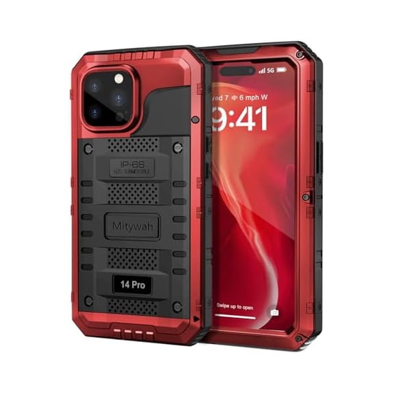 Waterproof Case for iPhone 14 Pro, Heavy Duty Shockproof Case with Built-in Screen Protector, Full Body Underwater Protective Metal Case 6.1 inch, Red