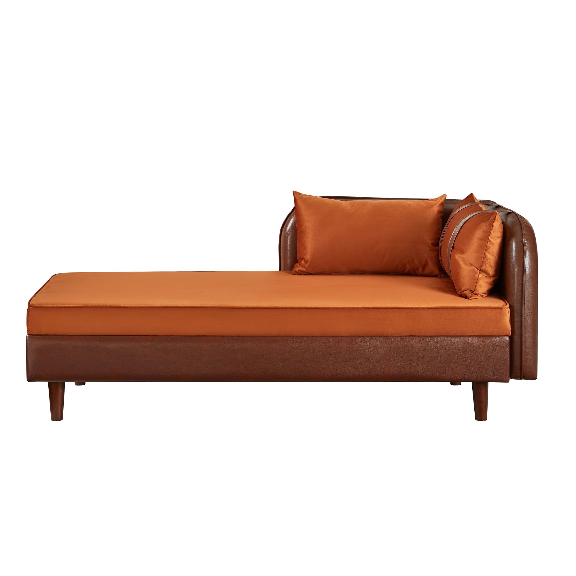 Leumius 65" Chaise Lounge Indoor,PU Leather Velvet Lounge Chair Sofa with Storage and 2 Pillows,Orange+Dark Brown