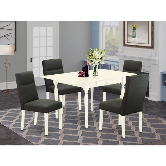 5 Piece Dinette Set - Small Kitchen Table & 4 Chairs - Drop Leaf Table - Linen White & Gotham Grey