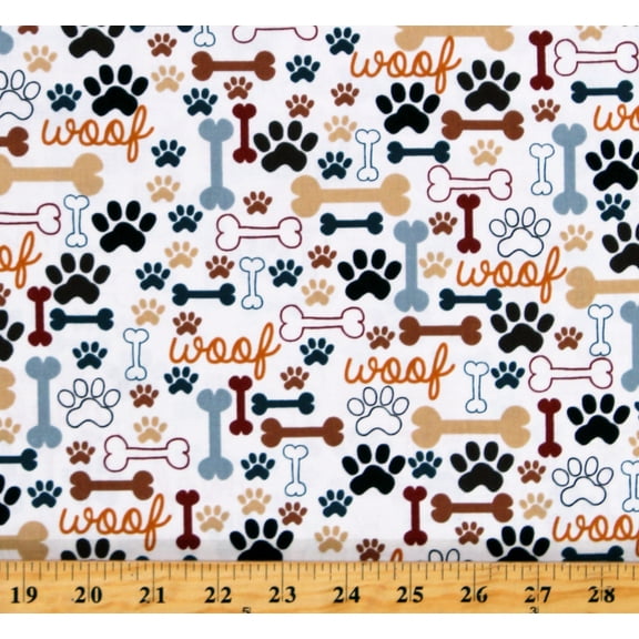 Cotton Dogs Pets Puppies Paw Prints Bones Woof Animals Cream Cotton Fabric Print by the Yard (DOG-C2372-CREAM)