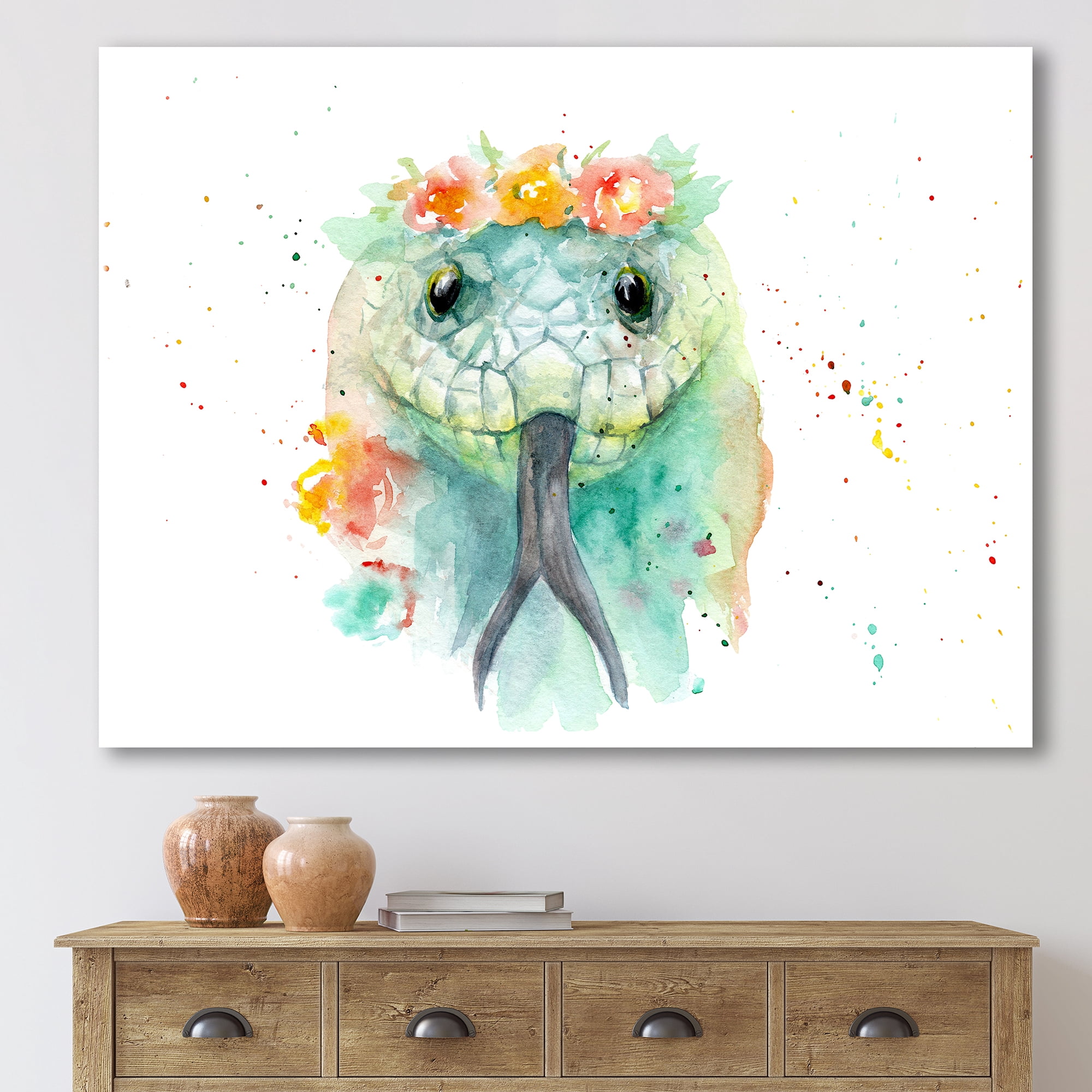 Designart ' Portrait A Green Snake In Flowers ' Farmhouse Canvas Wall Art Print
