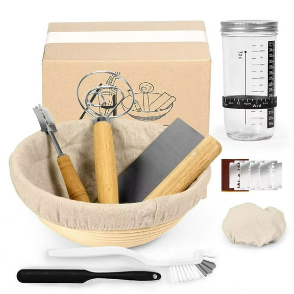 NAISHIER 1000ml Sourdough Starter Kit, Sourdough Starter Jar with 9 inch Round Bread Proofing Basket, for Bread Making Baking Fermentation