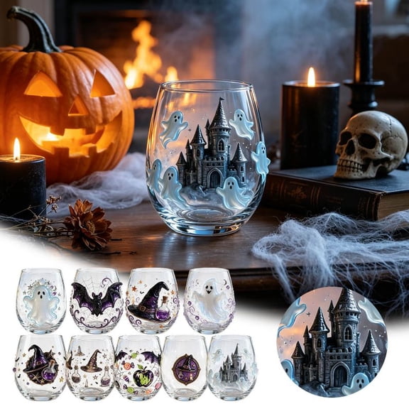 Halloween 2D Flat Print Stemless Glasses Drinking Glasses 15oz Boost Halloween Atmosphere Easy Daily Maintenance Sturdy Glass Drinkware for Party Daily Use (1PC)