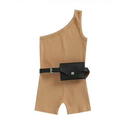 

Kid Girl One Shoulder Playsuit Oblique Shoulder Sleeveless Plain Color Romper with Belt Casual Simple Clothes