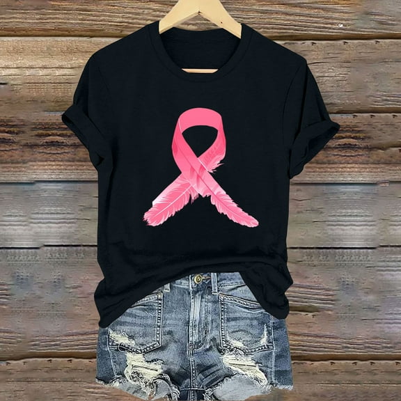 CLOISE Pink Breast Cancer Tops Women Short Sleeve Crewneck Tops Ribbon Pink Breast Cancer Survivor Gifts Tee Shirts Cute Loose Shirts Cancer Support Clothes Black XL