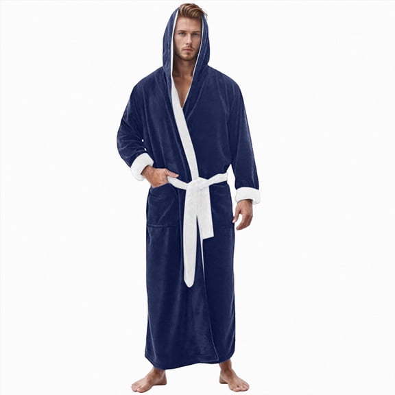 NOLDARES Mens Fleece Plush Robe with Hood Soft Fluffy Full Length Long with Pockets House Coat(Blue,4XL)