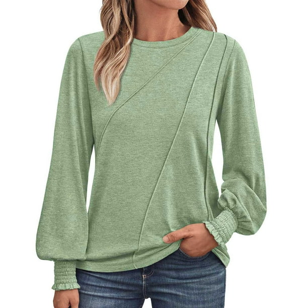 Blusa de manga larga con cuello redondo y pliegues para mujer - 82 % poliéster, top informal de negocios, 2025, de moda - Tallas S-XXL