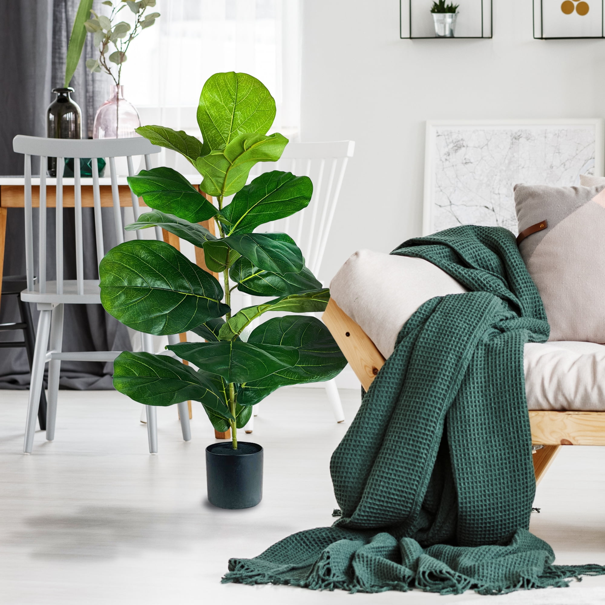 (2 pack) Mainstays Artificial Plant, Fiddle Leaf Fig Plant, 3.33 ft, Black Plastic Grower's Pot
