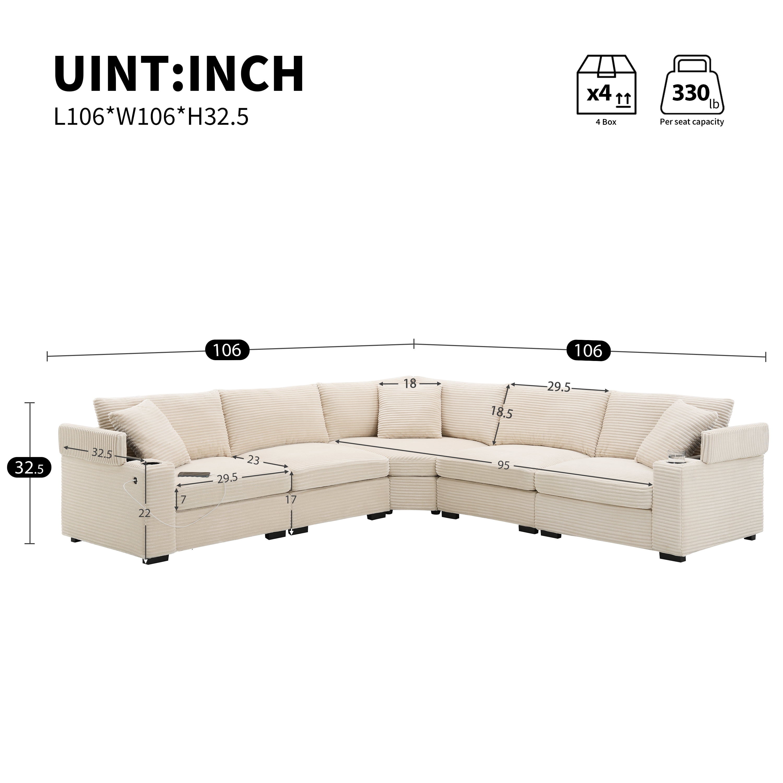 MAYEERTY 106" Convertible L-Shaped Sectional Sofa - Corduroy Corner Couch with Armrest Storage/Cup Holders/USB, Irregular Corner for Living Room/Apartment, 2 Colors