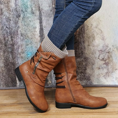 

QISIWOLE Women Boots Vintage Winter Zipper Mid-Calf Lace Up Slip On Retro Ladies Shoes Deals