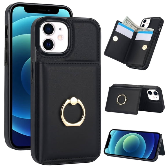 Wallet Case with Card Holder for iPhone 14 Plus, 360° Rotation Ring Kickstand Magnetic Clasp and Durable Shockproof Cover