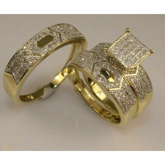 Silverstar Gems His Her Engagement Wedding Trio Ring Set Simulated Diamond 14k Yellow Gold Plated