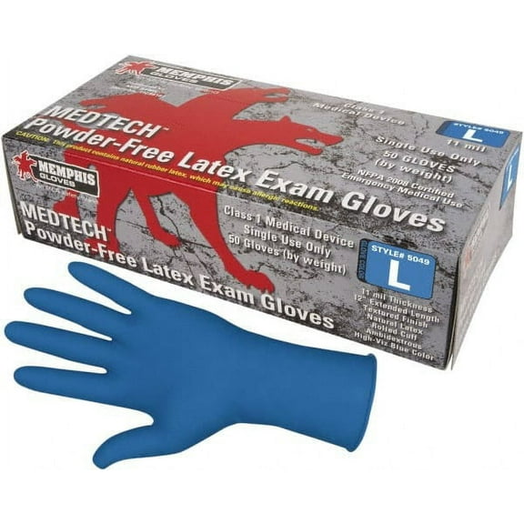 Memphis Glove MedTech Exam Gloves, Large, Blue, Latex, 11 mil