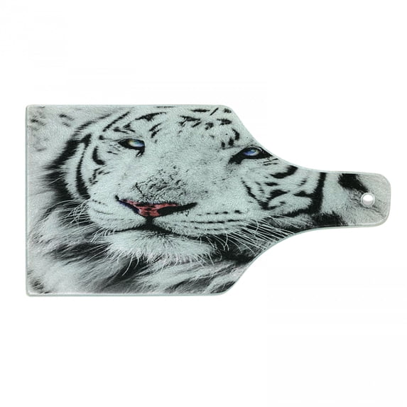 Safari Cutting Board, White Tiger Wintertime Rare Animal Portrait Eyes Calm Noble Beast Photography, Tempered Glass Cutting and Serving Board, Wine Bottle Shape, Grey Black White, by Ambesonne
