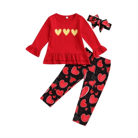 

Canrulo Toddler Baby Girl Spring Outfit Heart Print Long Sleeve Solid Color T-Shirt Dress Tops+Long Pants Clothes Red 2-3 Years