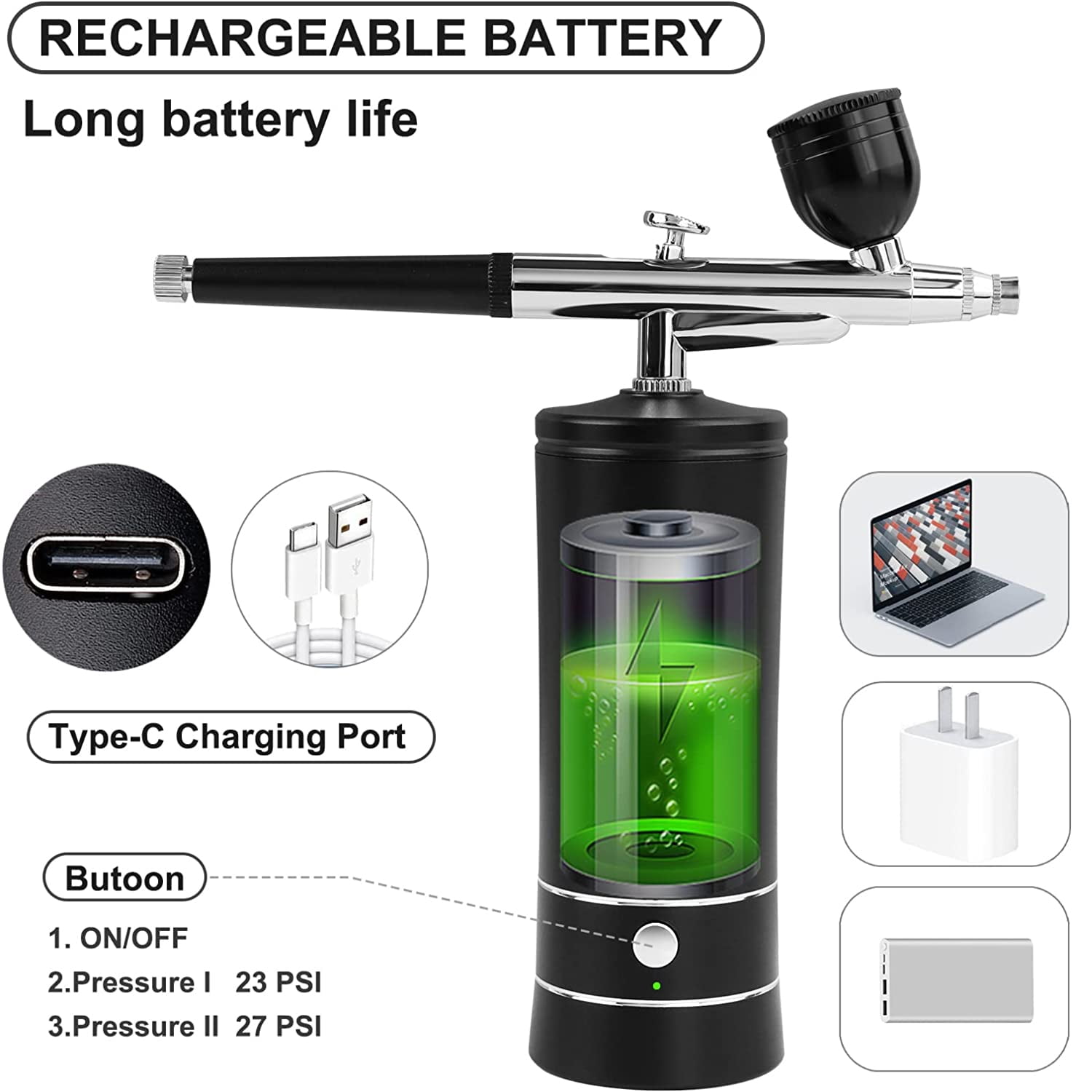 Prociv Airbrush Kit with Compressor, Auto Handheld Airbrush Gun with 0.3mm Tip, Rechargeable, Portable Air Brushes for Painting, Tattoo, Nail Art, Model Coloring, Makeup, Pink