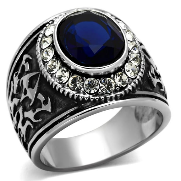 Luxe Jewelry Designs Men's Stainless Steel Ring with Oval Shaped Montana Synthetic Glass - Size 12